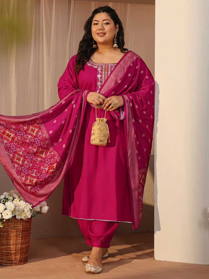 Plus Size Pink Yoke Embroidered Silk Blend Straight Suit Set