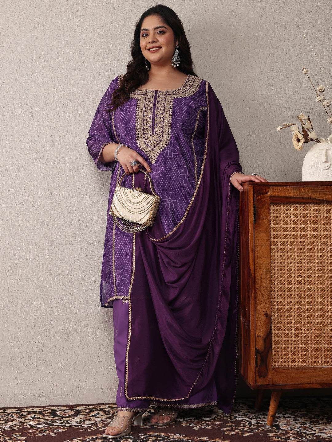 Plus Size Purple Bandhani Embroidered Silk Blend Straight Suit Set With Dupatta