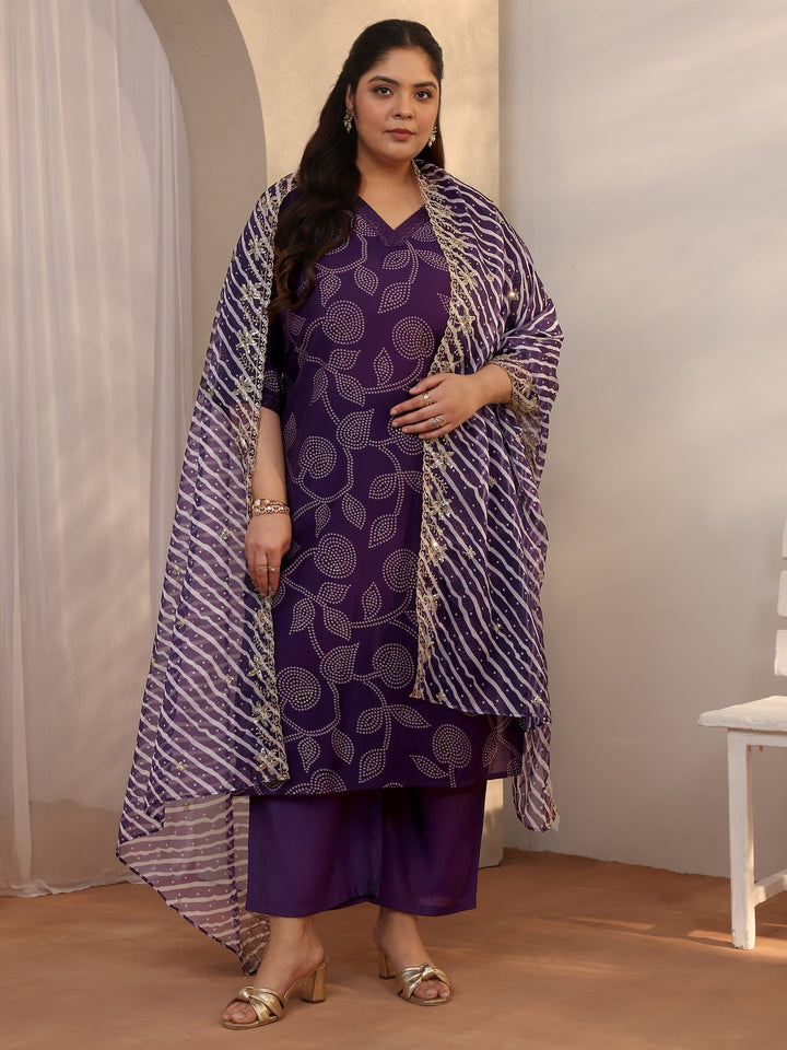 Plus Size Purple Bandhani Printed Silk blend Straight Suit Set With Dupatta