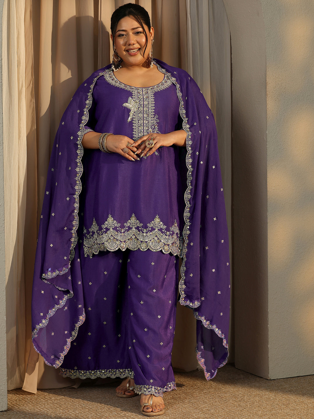 Plus Size Purple Embroidered Chinon Straight Suit Set With Dupatta