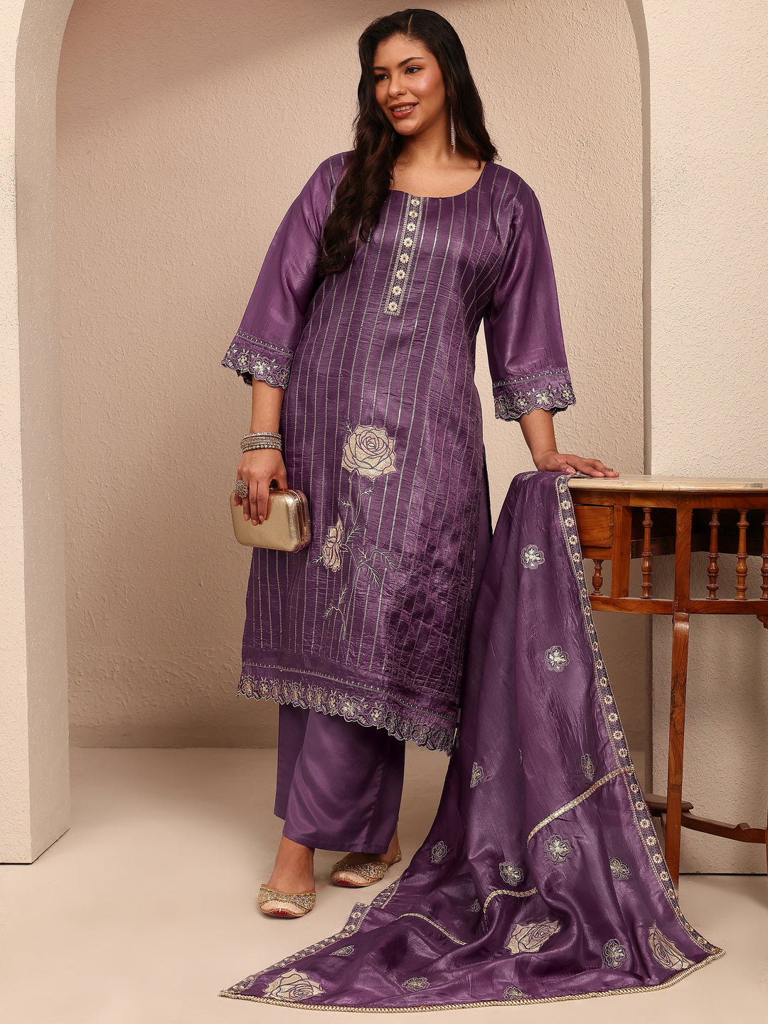 Plus Size Purple Embroidered Organza Straight Suit Set With Dupatta
