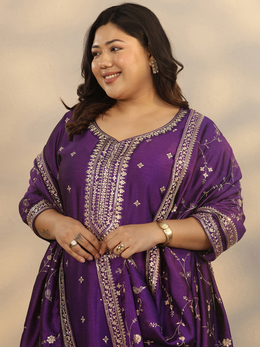 Plus Size Purple Embroidered Silk Blend Straight Suit Set With Dupatta