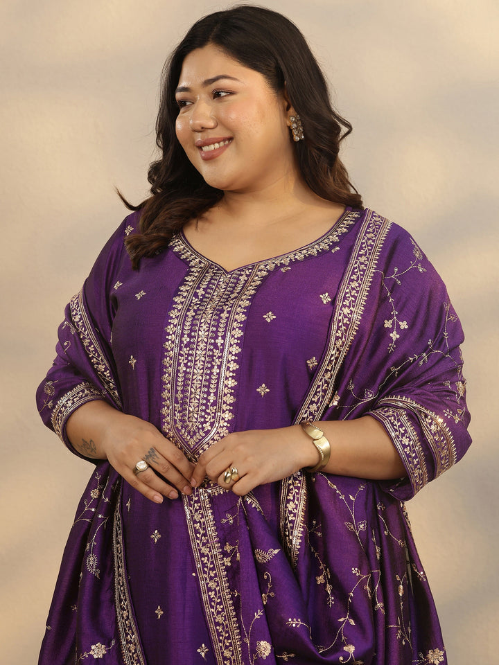 Plus Size Purple Embroidered Silk Blend Straight Suit Set With Dupatta