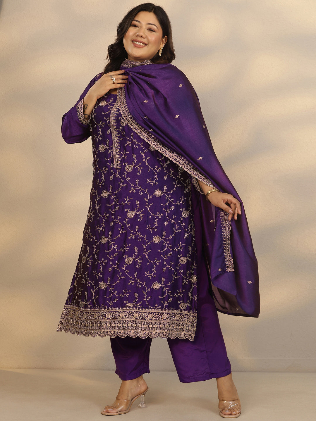 Plus Size Purple Embroidered Silk Blend Straight Suit Set With Dupatta