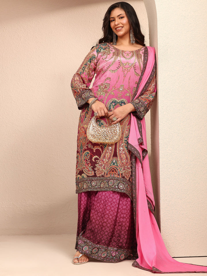 Plus Size Purple Paisley Embroidered Plus Size Clothing Crepe Straight Suit Set With Dupatta
