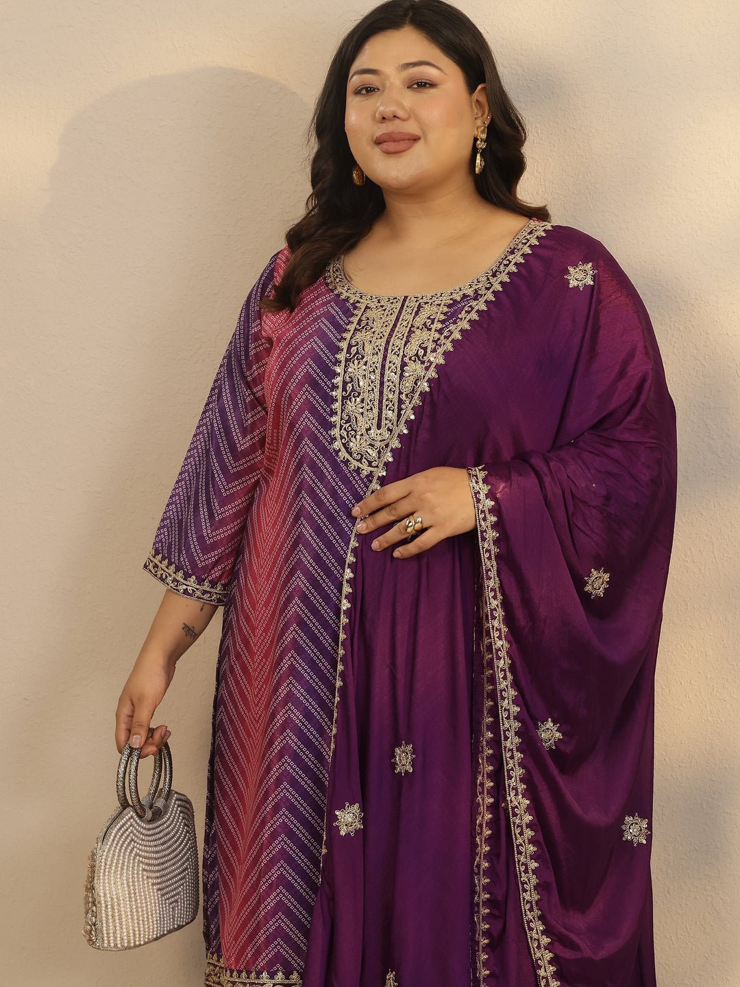 Plus Size Purple Printed Chinon Straight Suit Set With Dupatta