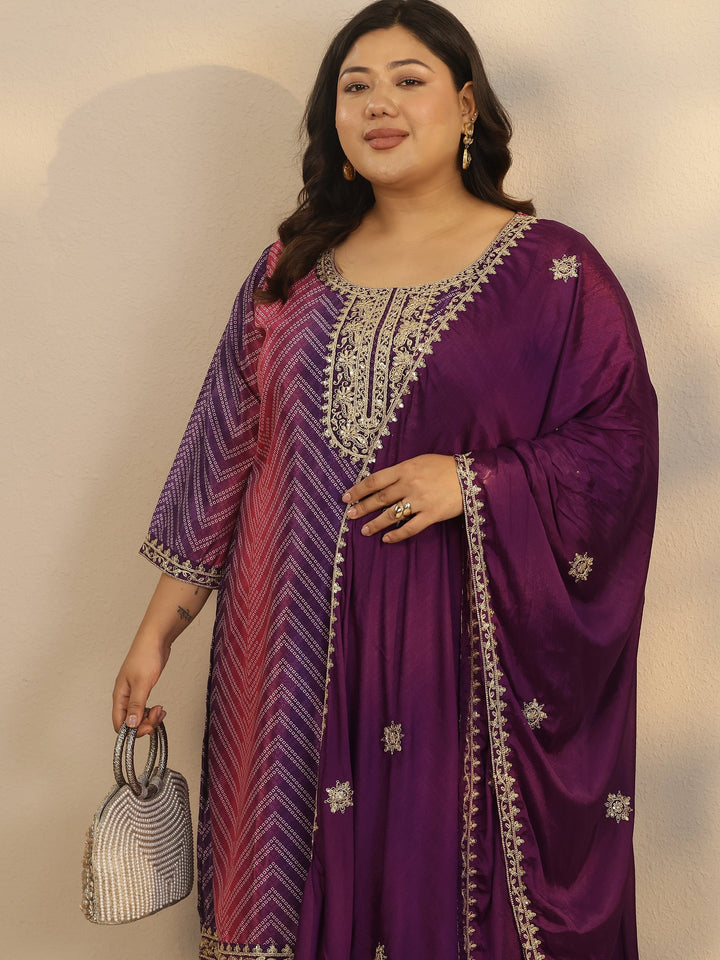Plus Size Purple Printed Chinon Straight Suit Set With Dupatta