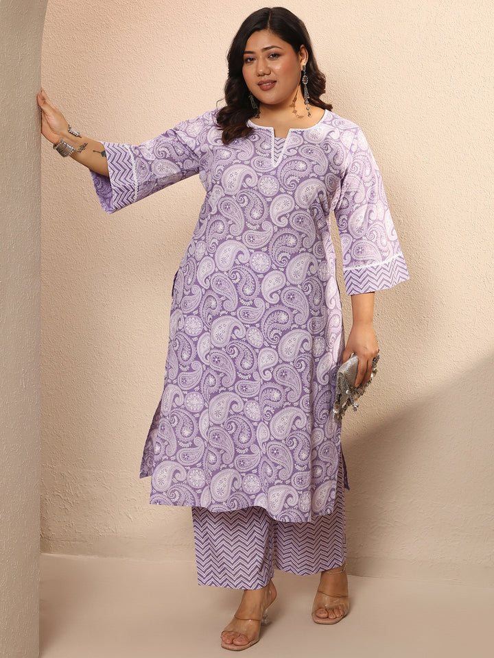 Plus Size Purple Printed Cotton Straight Kurta Set