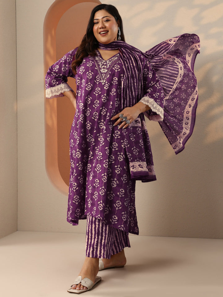 Plus Size Purple Printed Cotton Straight Suit Set With Dupatta