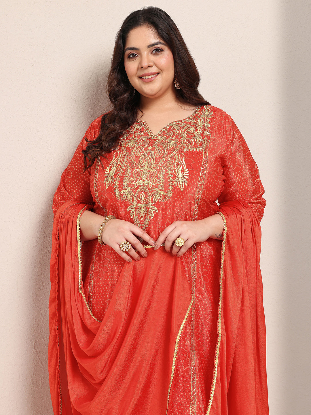 Plus Size Red Bandhani Printed Silk Blend Straight Suit Set With Dupatta