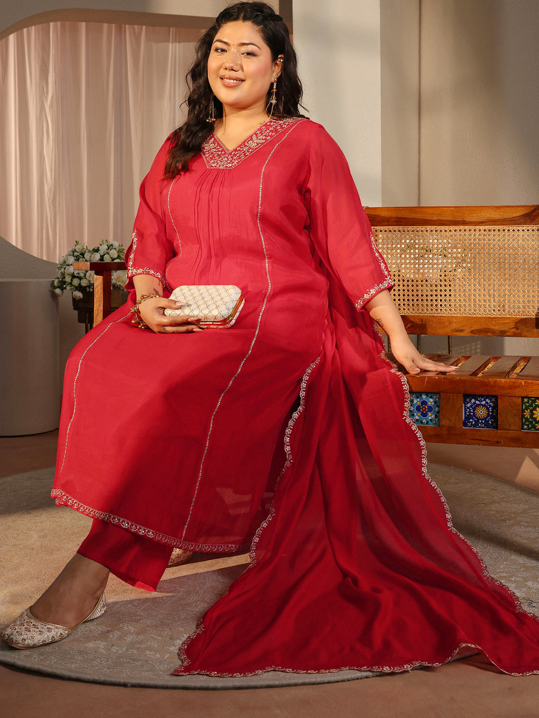 Plus Size Red Embellished Silk Blend A-Line Suit Set