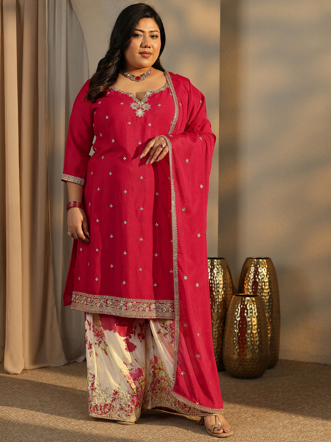 Plus Size Red Embroidered Chinon Straight Suit Set With Dupatta