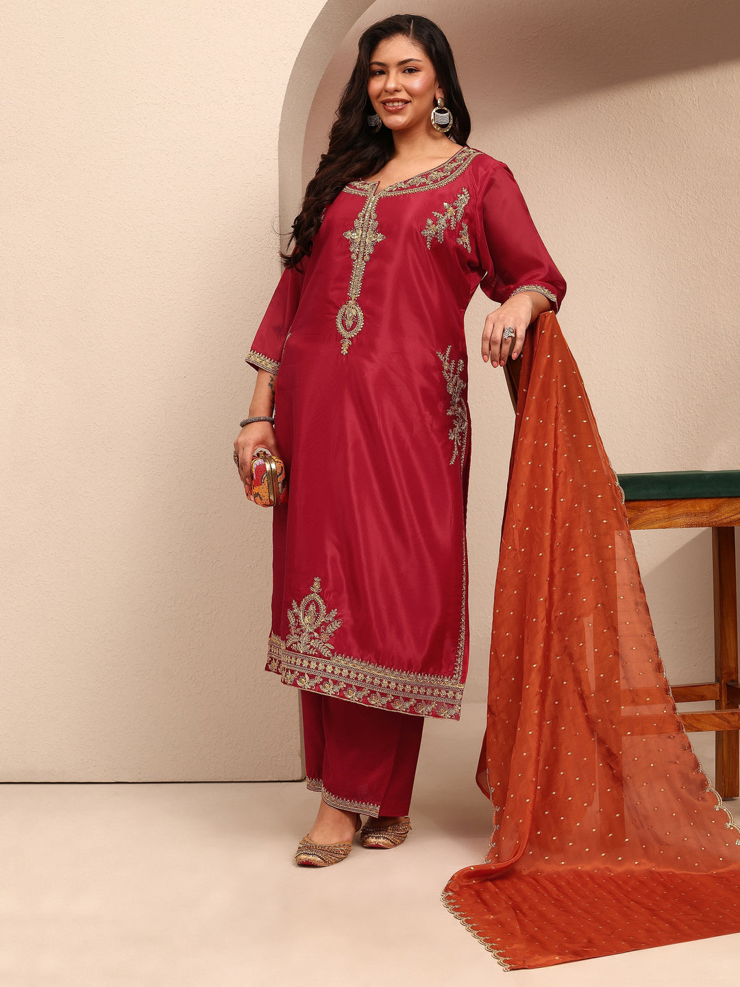 Plus Size Red Embroidered Plus Size Clothing Organza Straight Suit Set With Dupatta