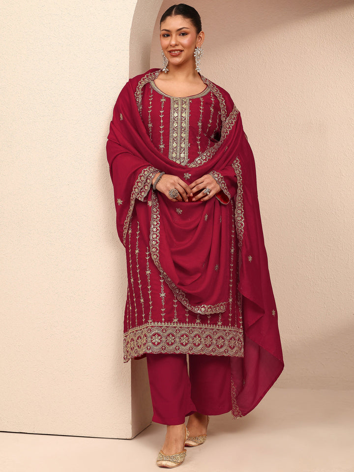 Plus Size Red Embroidered Plus Size Clothing Silk Blend Straight Suit Set With Dupatta