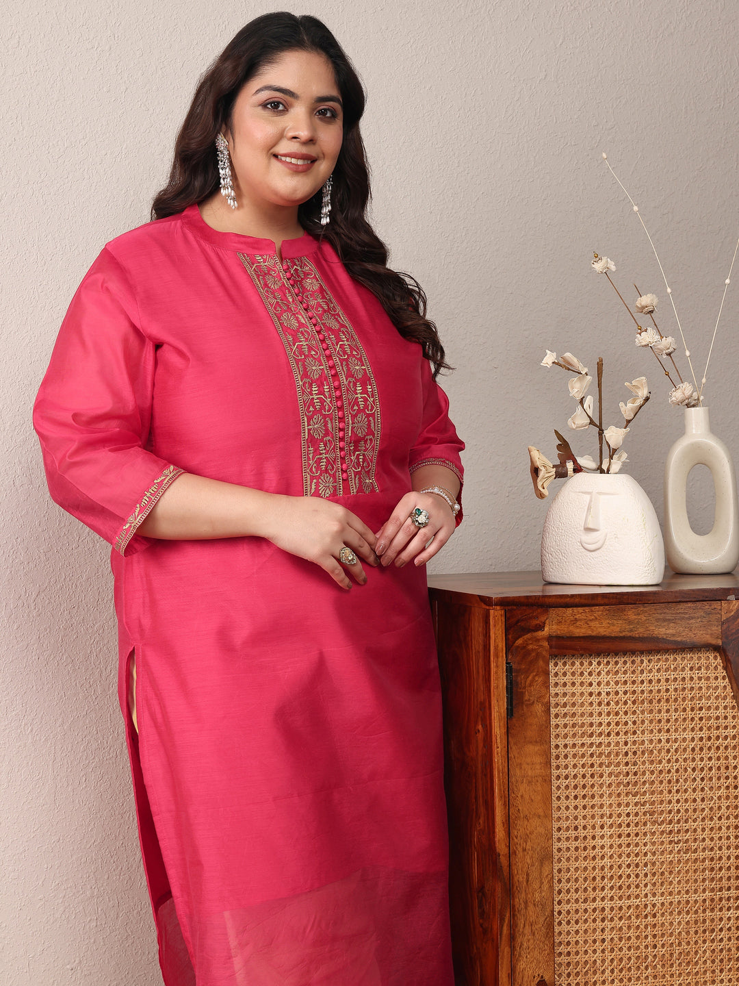 Plus Size Red Embroidered Silk Blend Straight Kurta