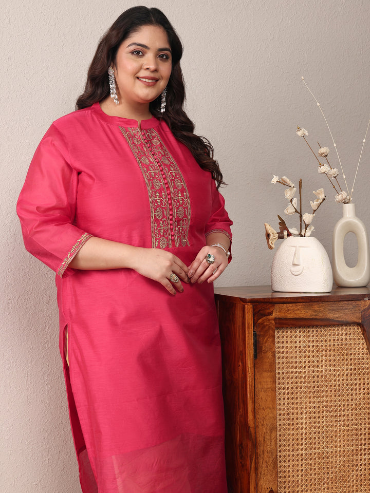 Plus Size Red Embroidered Silk Blend Straight Kurta