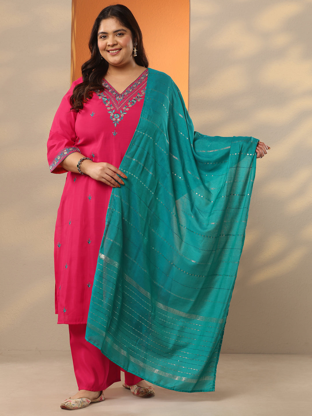 Plus Size Red Embroidered Silk Blend Straight Suit Set With Dupatta