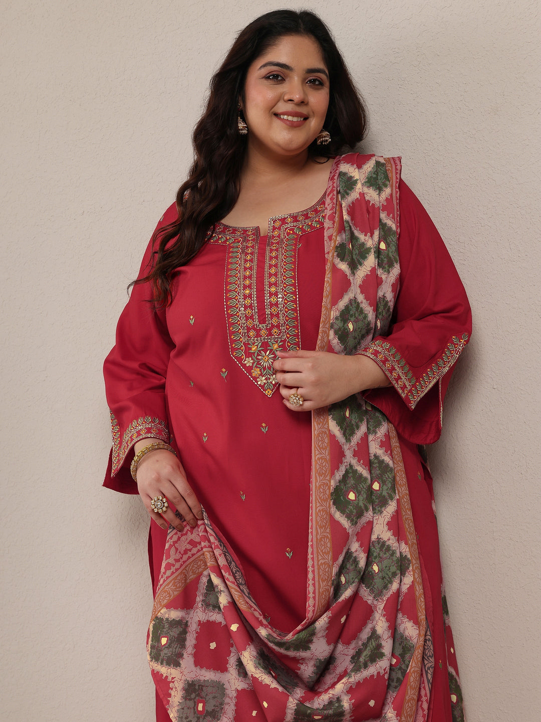 Plus Size Red Embroidered Viscose Rayon Straight Suit Set With Dupatta