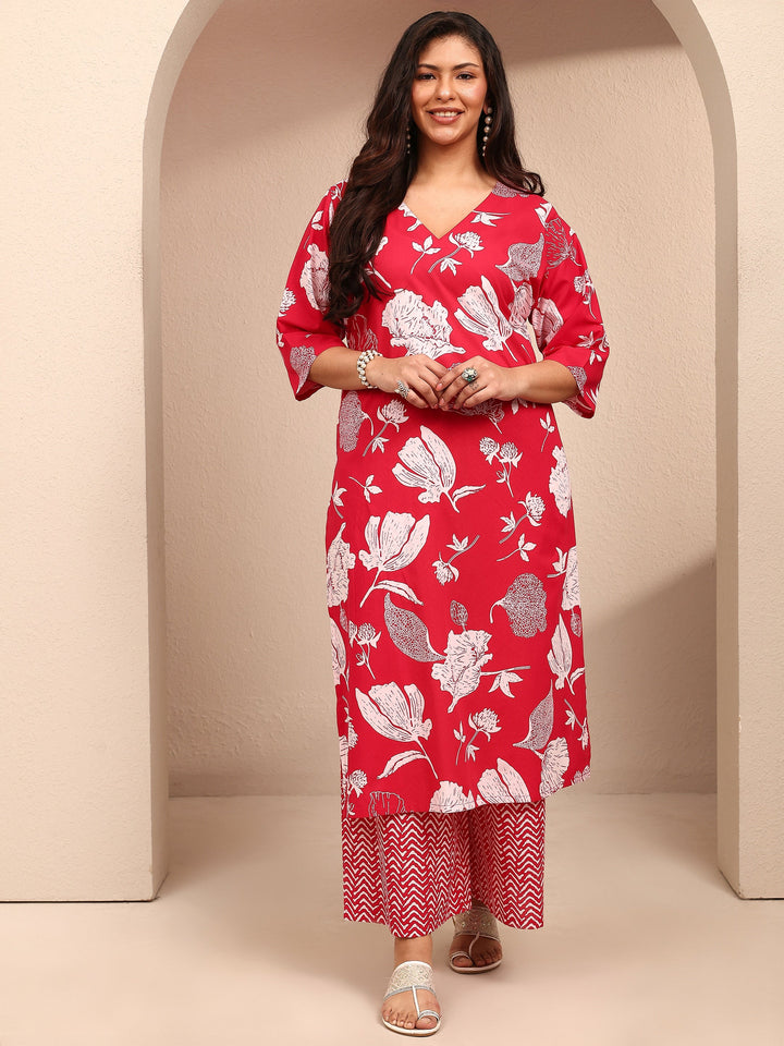 Plus Size Red Floral Plus Size Clothing Cotton Straight Kurta Set