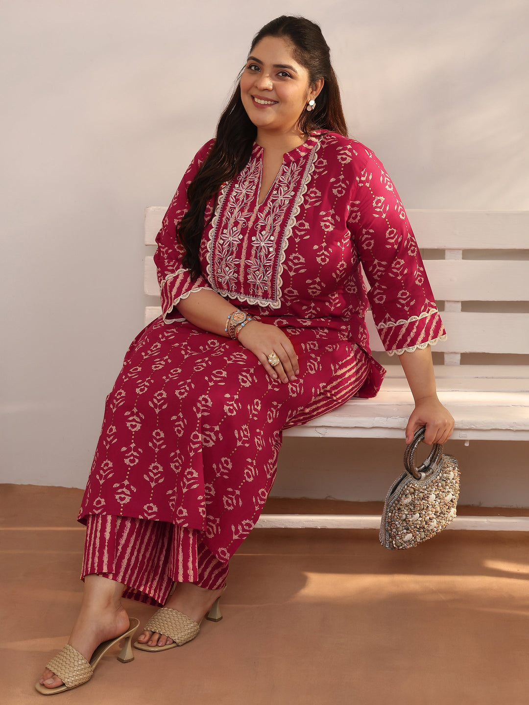Plus Size Red Printed Cotton Straight Kurta Set