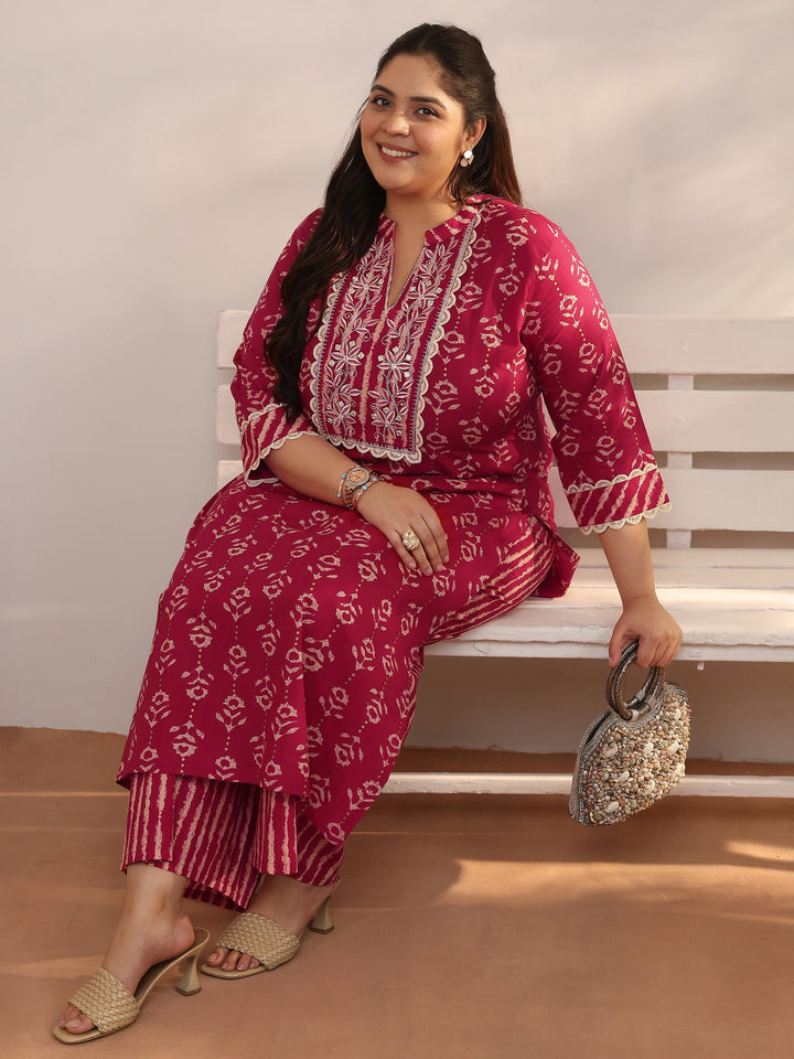 Plus Size Red Printed Cotton Straight Kurta Set