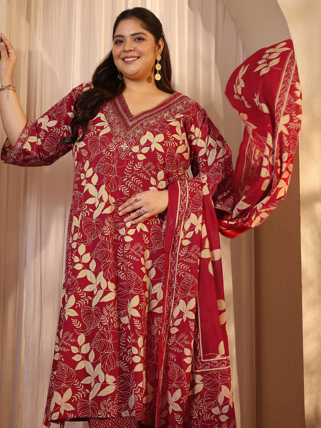 Plus Size Red Printed Cotton Straight Suit Set With Dupatta