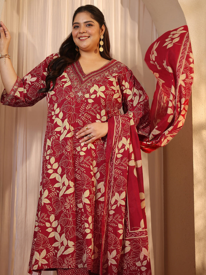 Plus Size Red Printed Cotton Straight Suit Set With Dupatta