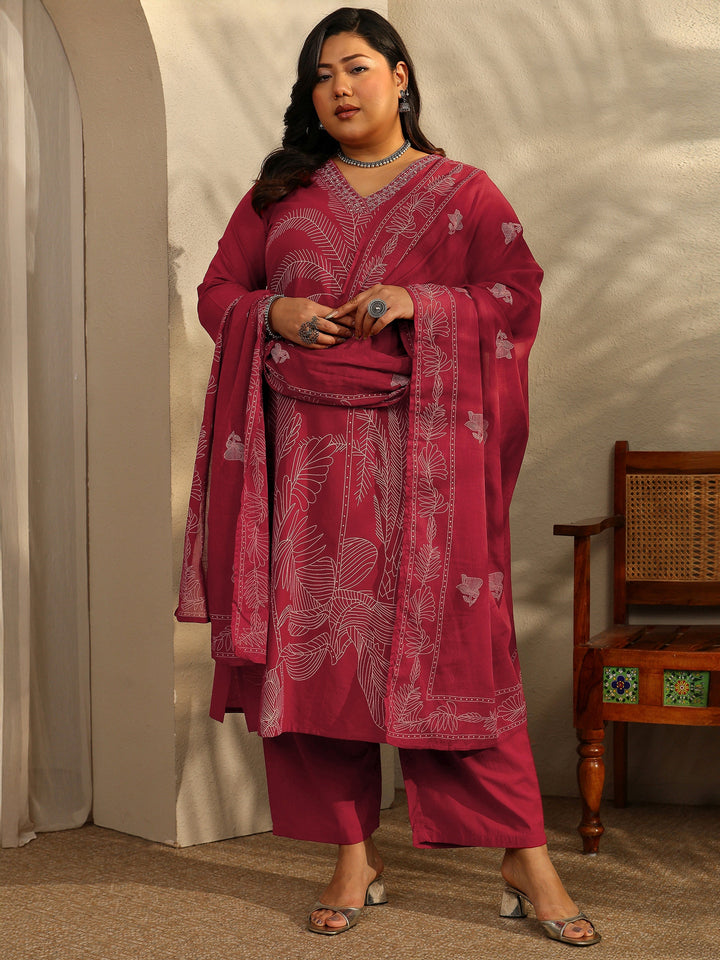 Plus Size Red Printed Cotton Straight Suit Set With Dupatta