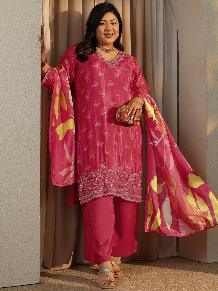 Plus Size Red Printed Crepe Straight Suit Set With Dupatta
