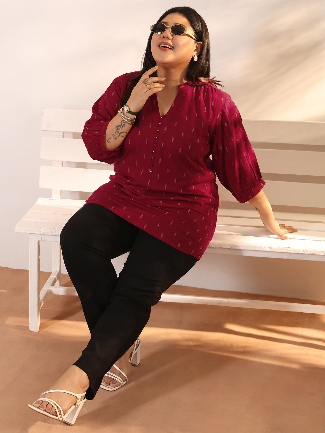 Plus Size Red Woven Design Rayon Straight Short Kurti