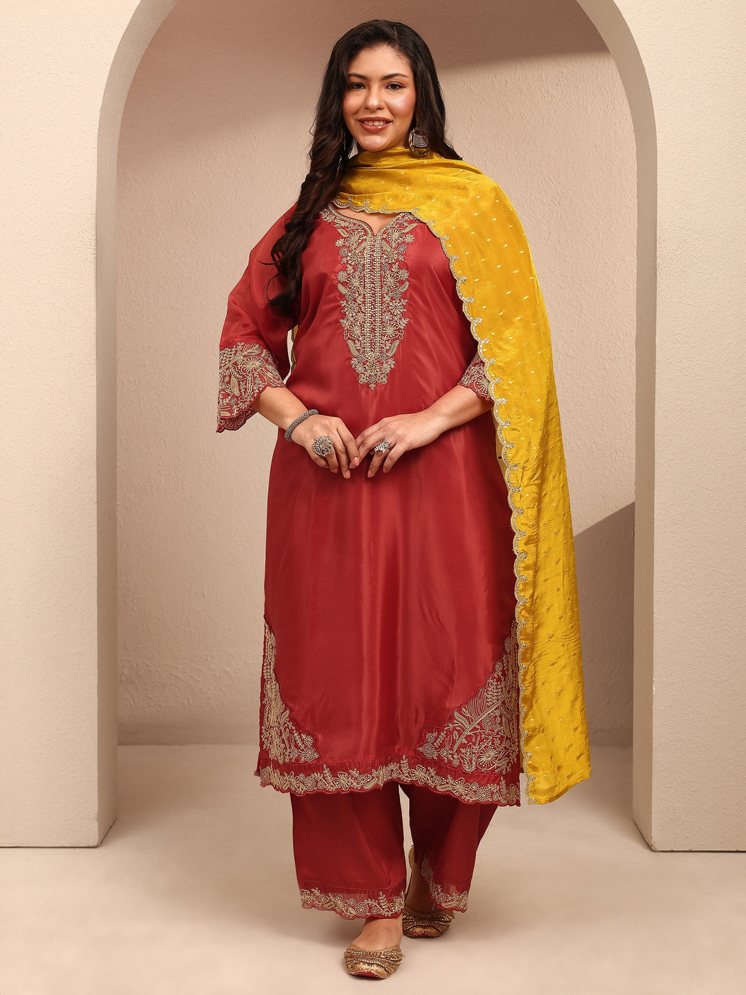 Plus Size Rust Embroidered Plus Size Clothing Organza Straight Suit Set With Dupatta