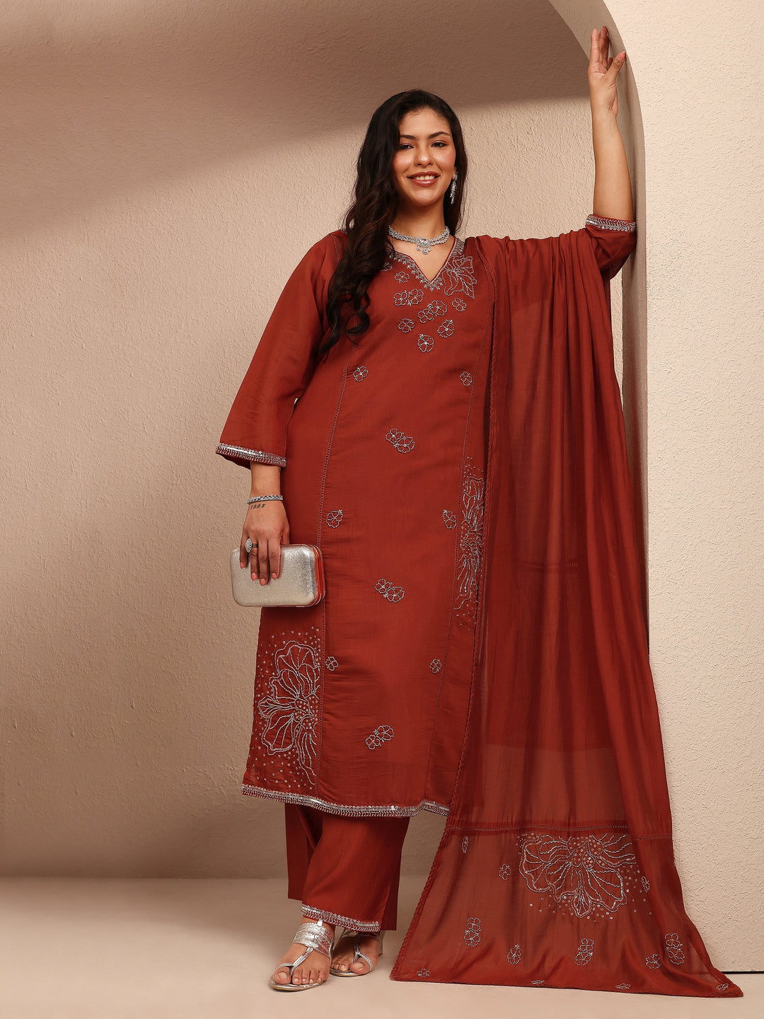 Plus Size Rust Embroidered Plus Size Clothing Silk Blend Straight Suit Set With Dupatta