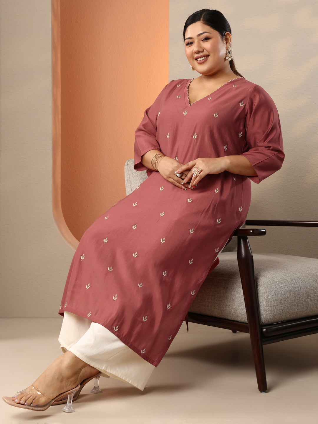 Plus Size Rust Embroidered Silk Blend Straight Kurta