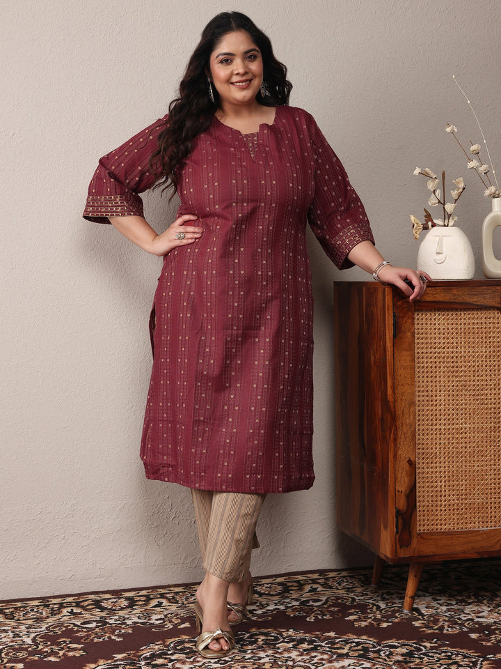 Plus Size Rust Woven Design Cotton Blend Straight Kurta Set
