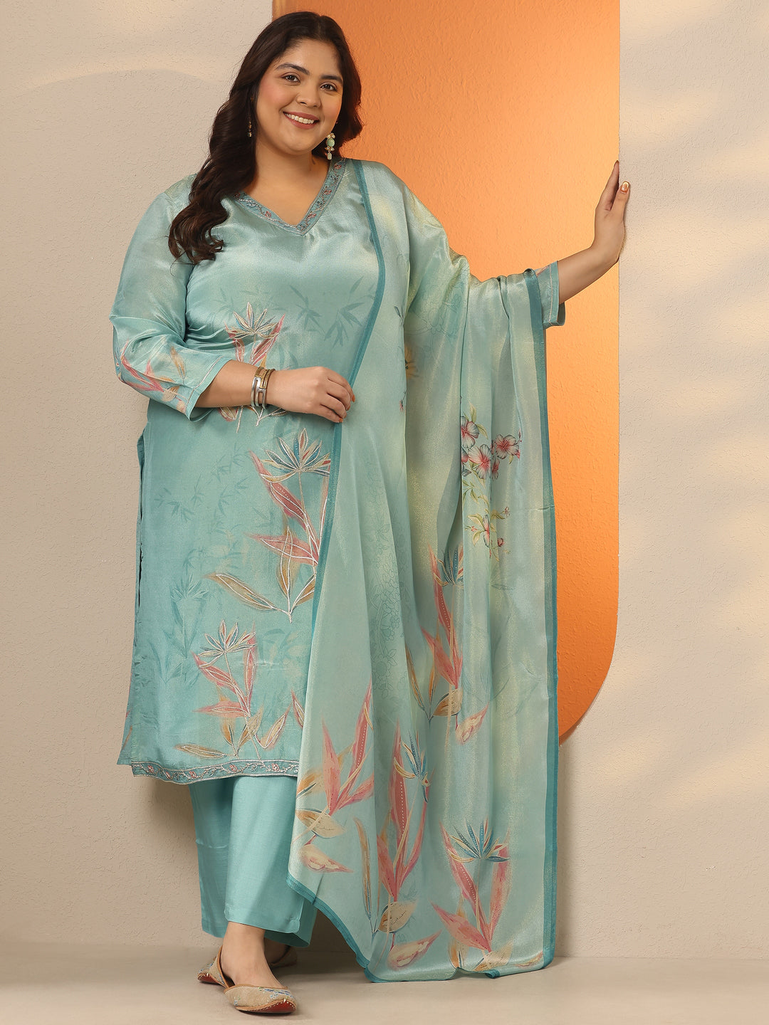 Plus Size Sea Green Printed Silk Blend Straight Suit Set With Dupatta