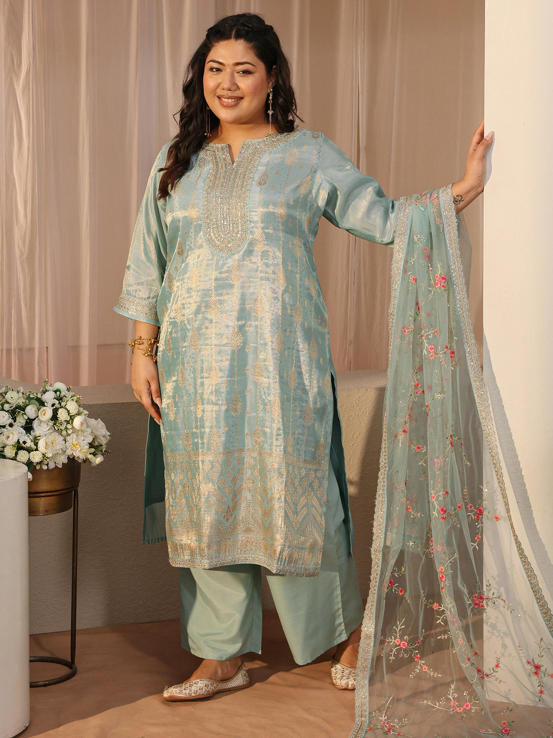Plus Size Sea Green Woven Design Silk Blend Straight Suit Set
