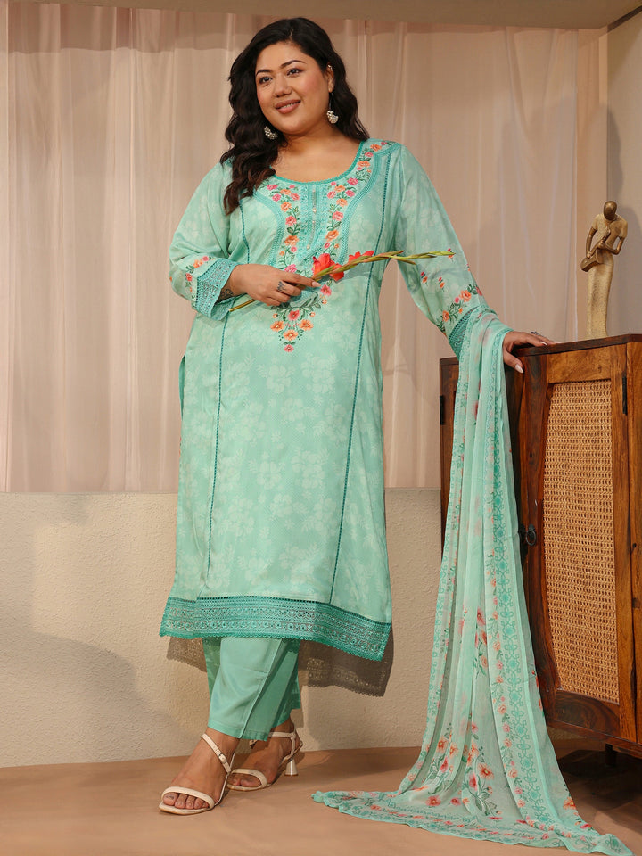 Plus Size Sky Blue Floral Print Silk Blend Straight Suit Set