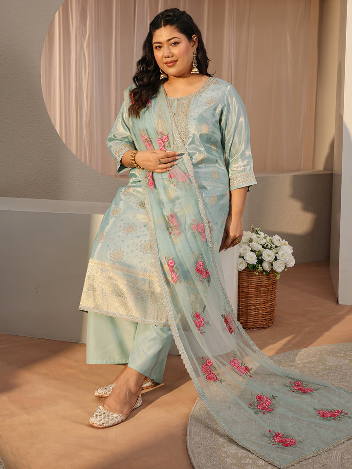 Plus Size Sky Blue Woven Design Silk Blend Straight Suit Set