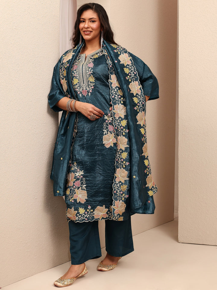 Plus Size Teal Embroidered Plus Size Clothing Organza Straight Suit Set With Dupatta