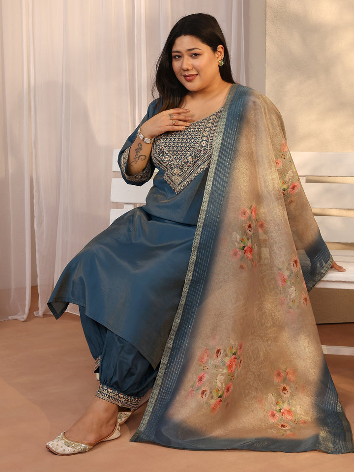 Plus Size Teal Embroidered Silk blend Straight Suit Set With Dupatta