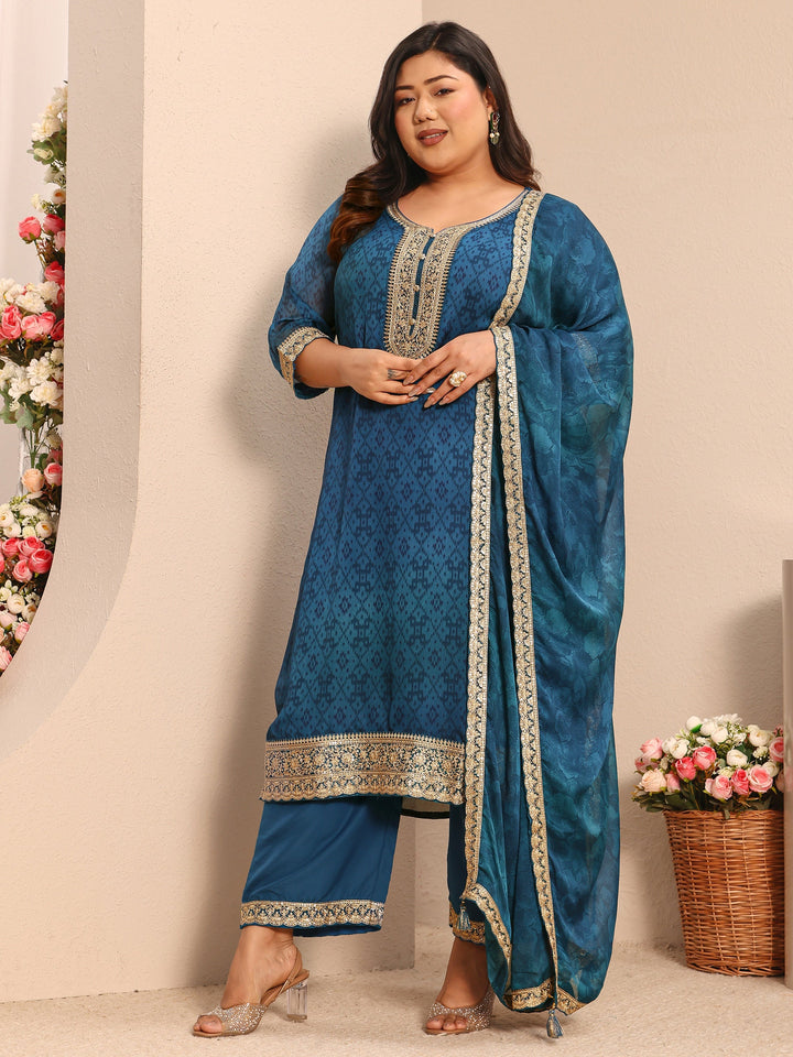 Plus Size Teal Printed Chiffon Straight Suit Set With Dupatta