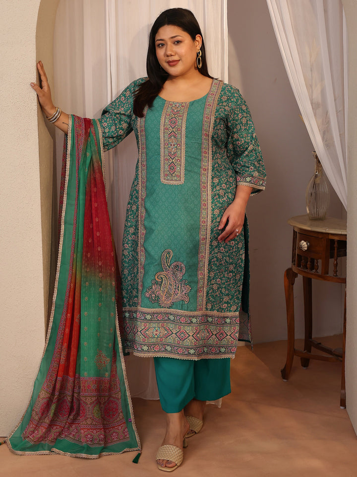 Plus Size Teal Printed Silk blend Straight Suit Set With Dupatta