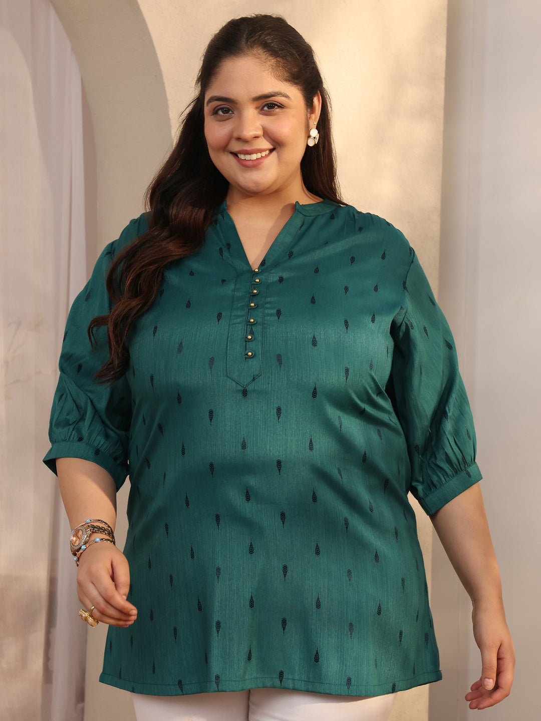 Plus Size Teal Woven Design Rayon Straight Short Kurti