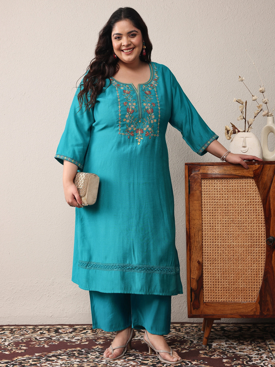Plus Size Turquoise blue Embroidered Silk Blend Straight Kurta Set
