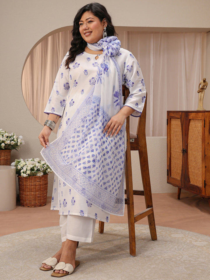 Plus Size White Floral Printed Cotton Blend Straight Suit Set