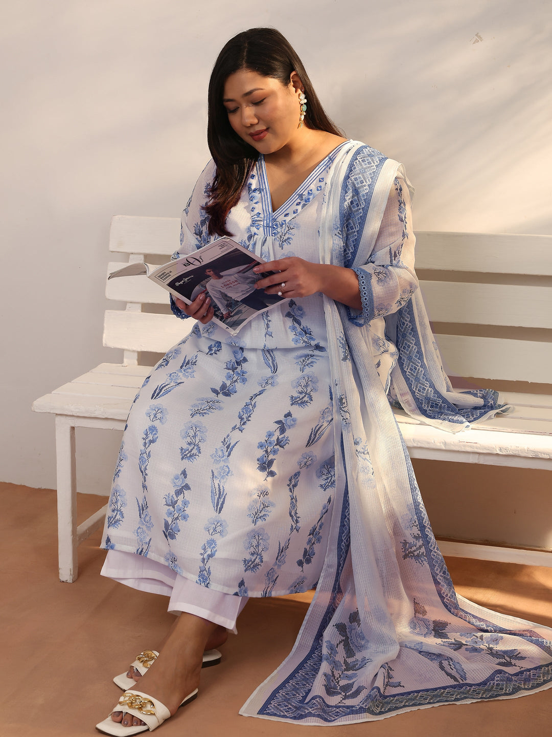 Plus Size White Printed Kota Straight Suit Set With Dupatta