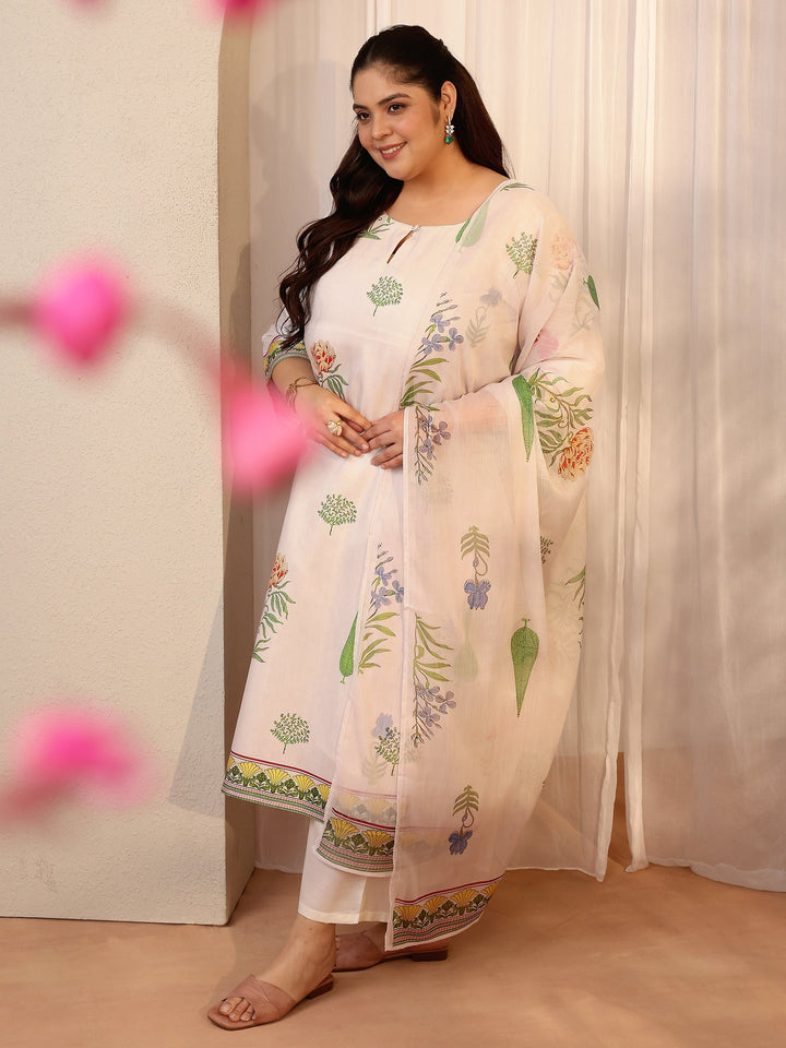 Plus Size White Printed Silk blend Straight Suit Set With Dupatta