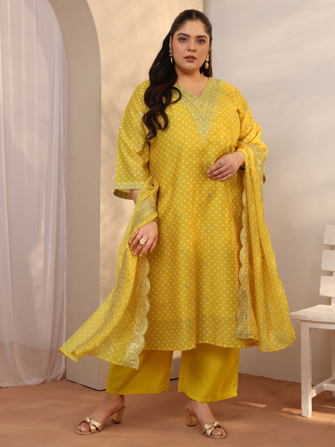 Plus Size Yellow Bandhani Printed Silk blend Straight Suit Set With Dupatta