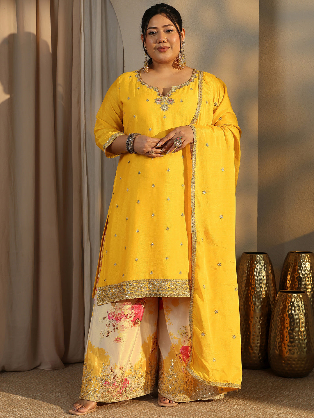 Plus Size Yellow Embroidered Chinon Straight Suit Set With Dupatta