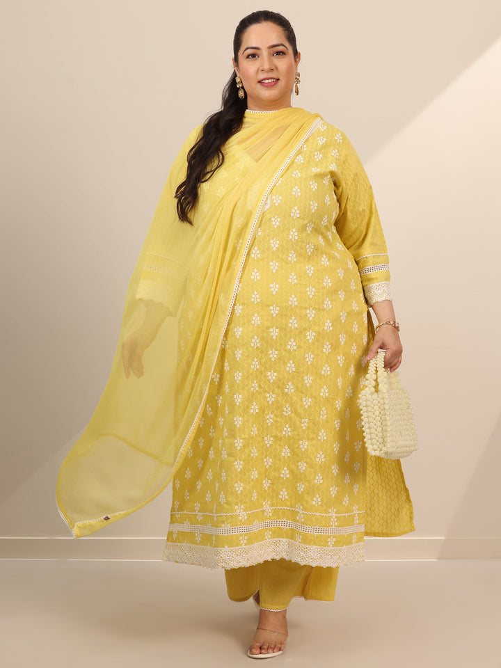 Plus Size Yellow Embroidered Cotton Straight Suit Set With Dupatta
